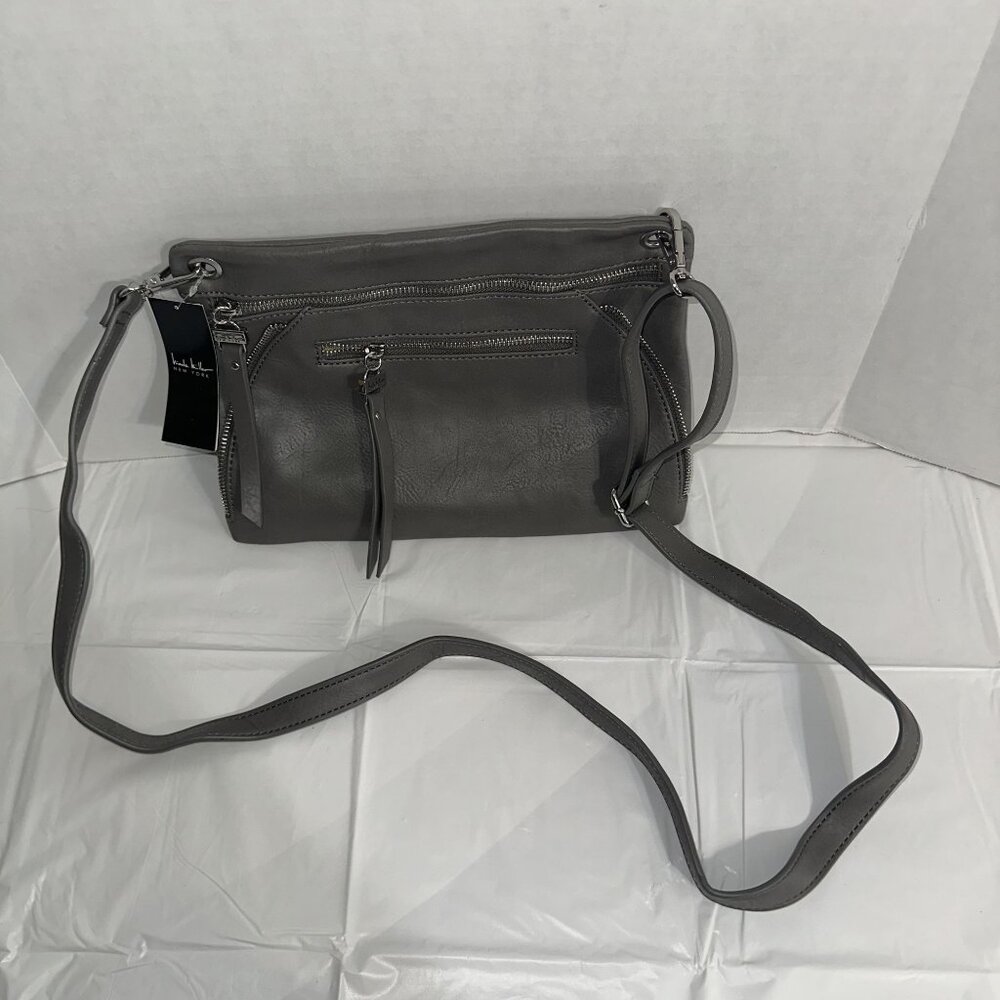 Nicole Miller New York Gray Faux Leather Crossbody Bag With Adjustable Strap